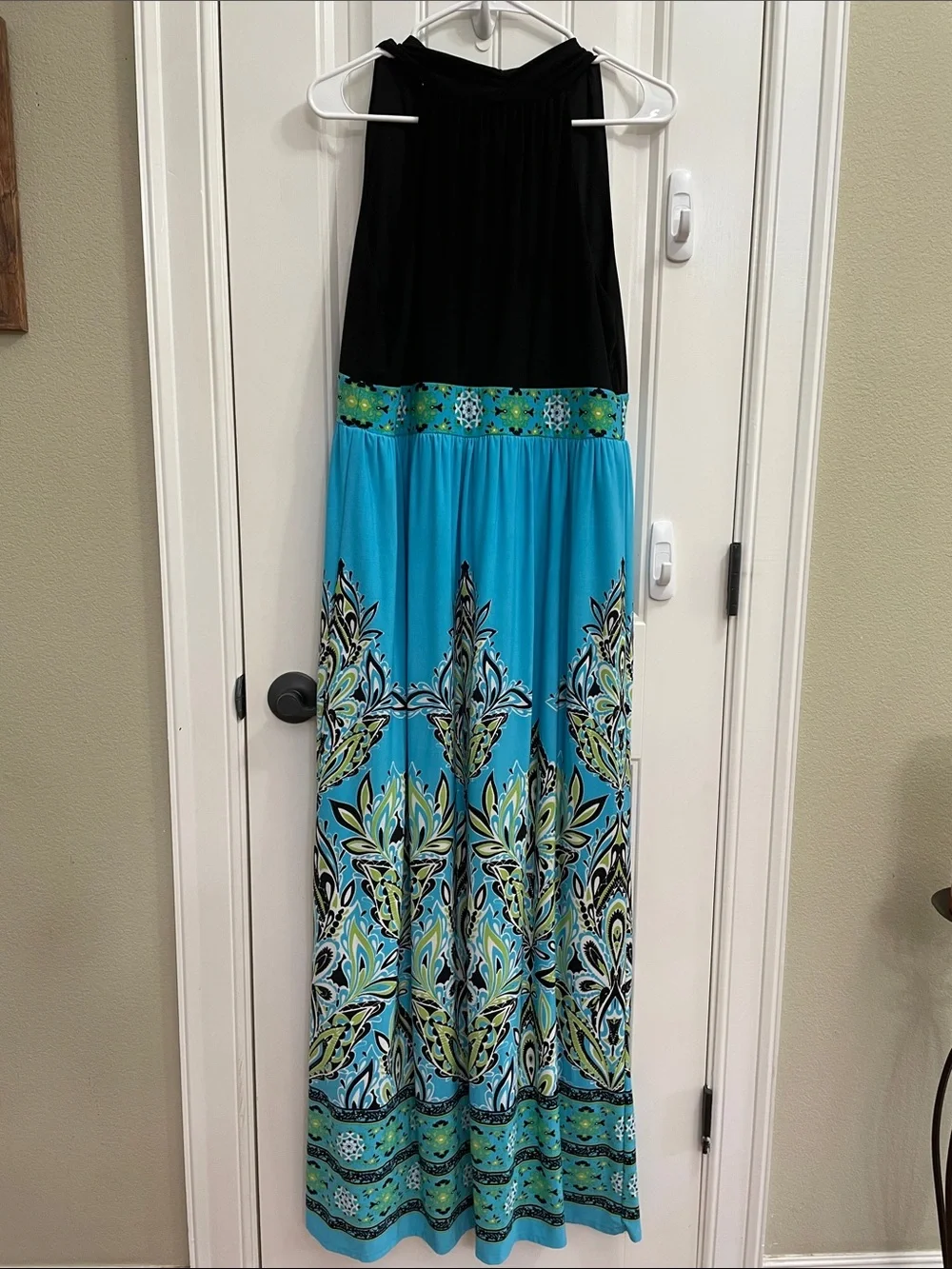 CATO Black and Turquoise Floral Print Empire Waist Maxi Dress Size L